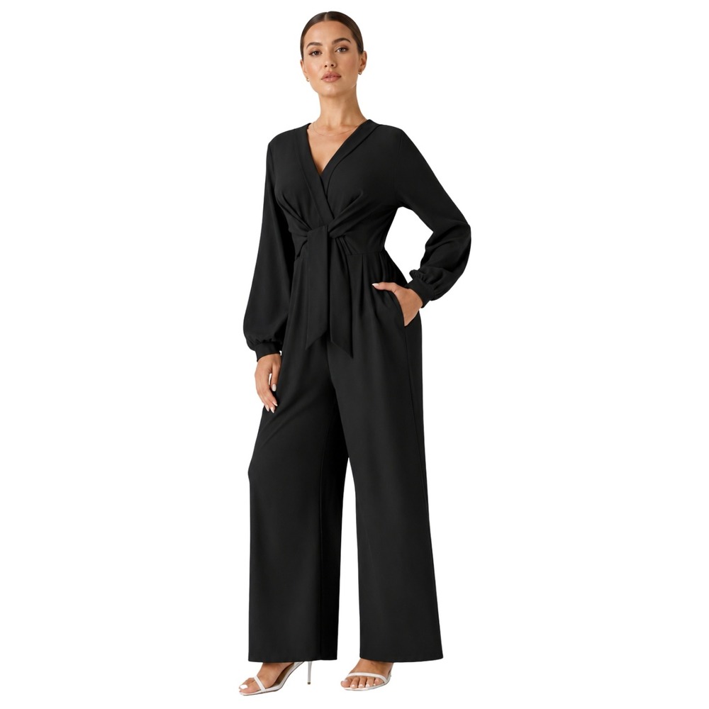 Halara Jumpsuit XS Black Long Sleeve Tie Front Wide Leg Pockets Minimalist NWT